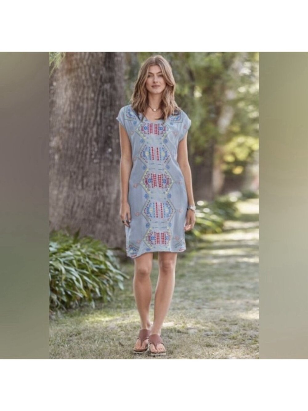 Sundance Valentina Dusky Blue Embroidered Shift Boho Dress Medium